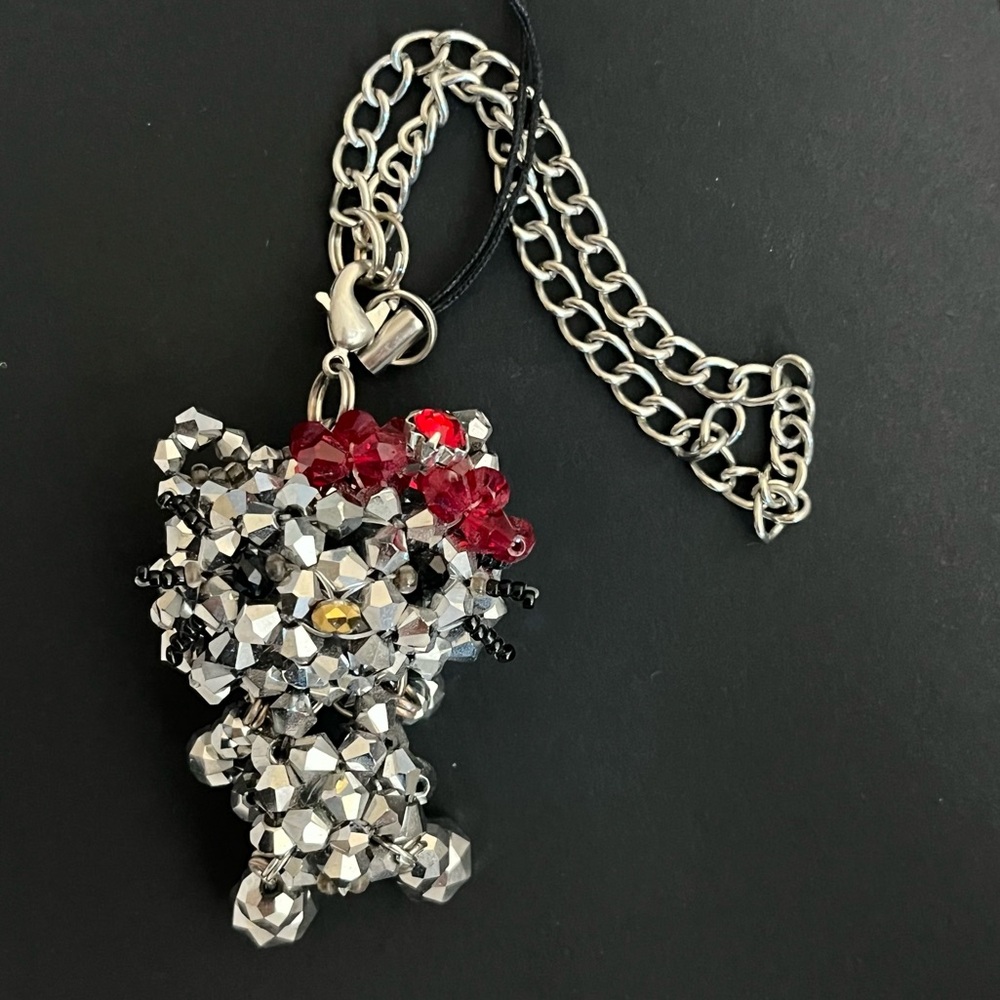 Hello Kitty Beaded Charm Keychain Metallic Silver Pendant Top Japan EUC